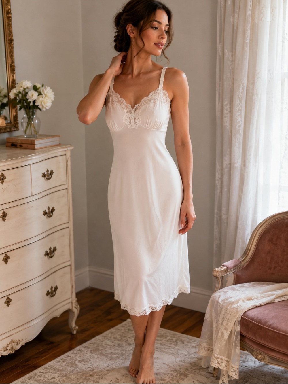 Vintage Shadowline 34T (Tall) White Nylon Lace Full Slip Nightgown Lingerie